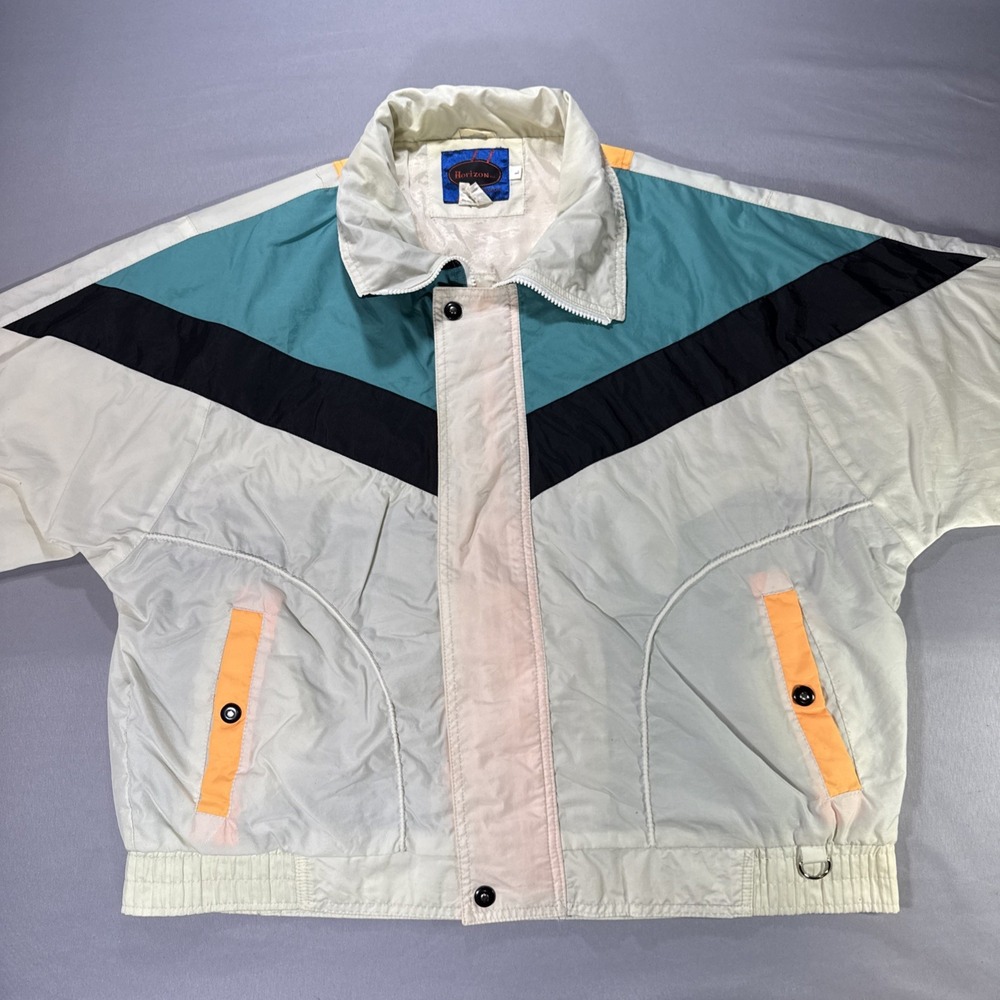 Vintage Horizon Windbreaker Large 80s Geometric Colorblock Teal Orange Rare Boxy